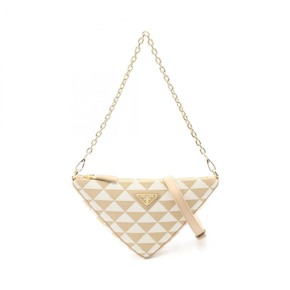 Prada TRIANGOLO JACQU Triangle Shoulder Bag Canvas Leather Beige White